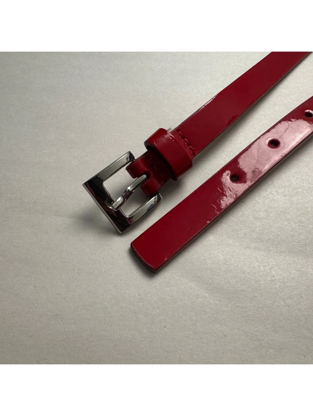 Y2K Cherry Red Patent Skinny Belt Silver Buckle | Office Siren Retro Fits like M
